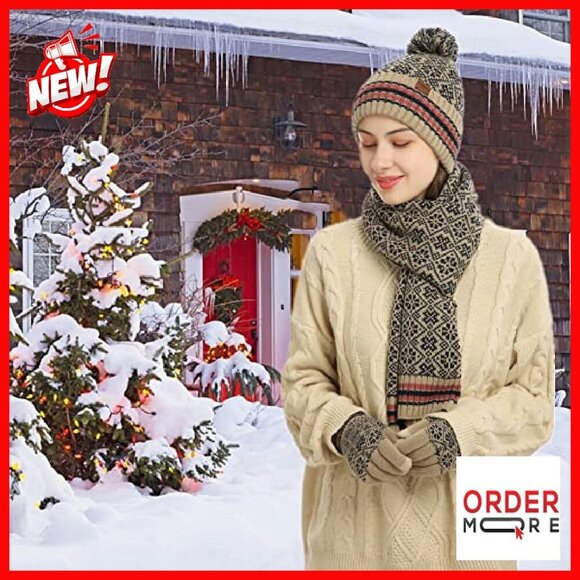Winter Hat Scarf Gloves Set - Knit Beanie Touchscreen Gloves 